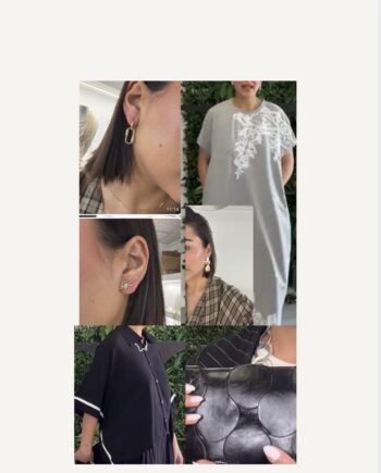 Vestido gris, pendientes, bolso negro, camisa